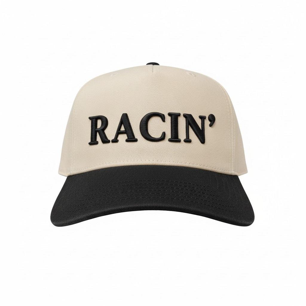 Racin' 3D Embroidered Hat | Beige Black | Otto 5 Panel Mid Profile ...